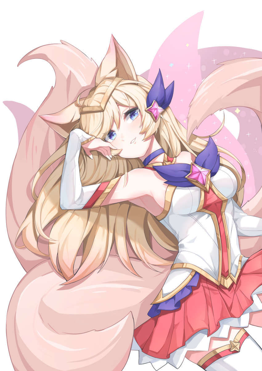 1girl absurdres ahri animal_ears arm_up bare_shoulders blue_choker blue_eyes blush choker circlet detached_sleeves extra_tails eyes_visible_through_hair fox_ears hair_between_eyes highres kitsune league_of_legends parted_lips red_skirt simple_background skirt smile solo sparkle star_guardian_(league_of_legends) star_guardian_ahri tail thighhighs wang0424 white_background white_legwear