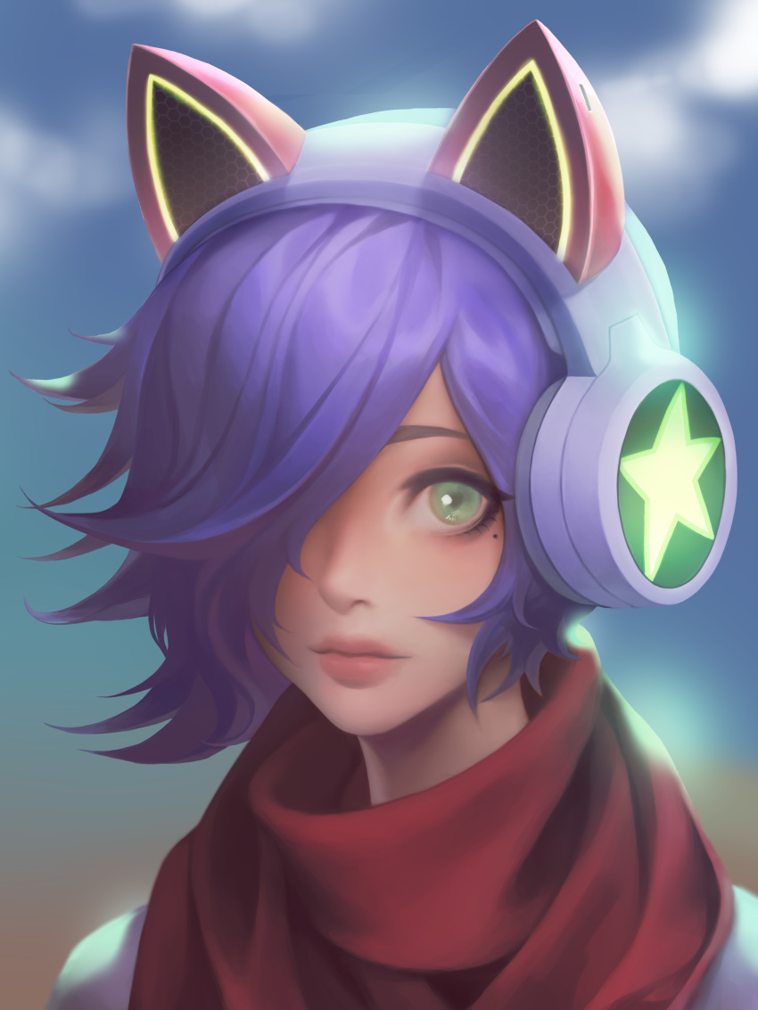 1girl absurdres ahri animal_ears closed_eyes cloud cloudy_sky fake_animal_ears glowing green_eyes hair_over_one_eye headphones highres league_of_legends mole mole_under_eye pink_lips purple_hair red_scarf scarf short_hair sky solo upper_body yoons