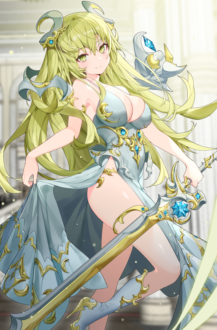 1girl bare_arms bare_shoulders blurry boots breasts cleavage depth_of_field dress gold_trim green_eyes green_hair grey_dress hair_ornament head_tilt high_heel_boots high_heels highres holding holding_sword holding_weapon knee_boots large_breasts leg_up long_hair looking_at_viewer original ronopu side_slit skirt_hold sleeveless sleeveless_dress smile solo spaghetti_strap standing standing_on_one_leg sword thighs very_long_hair weapon