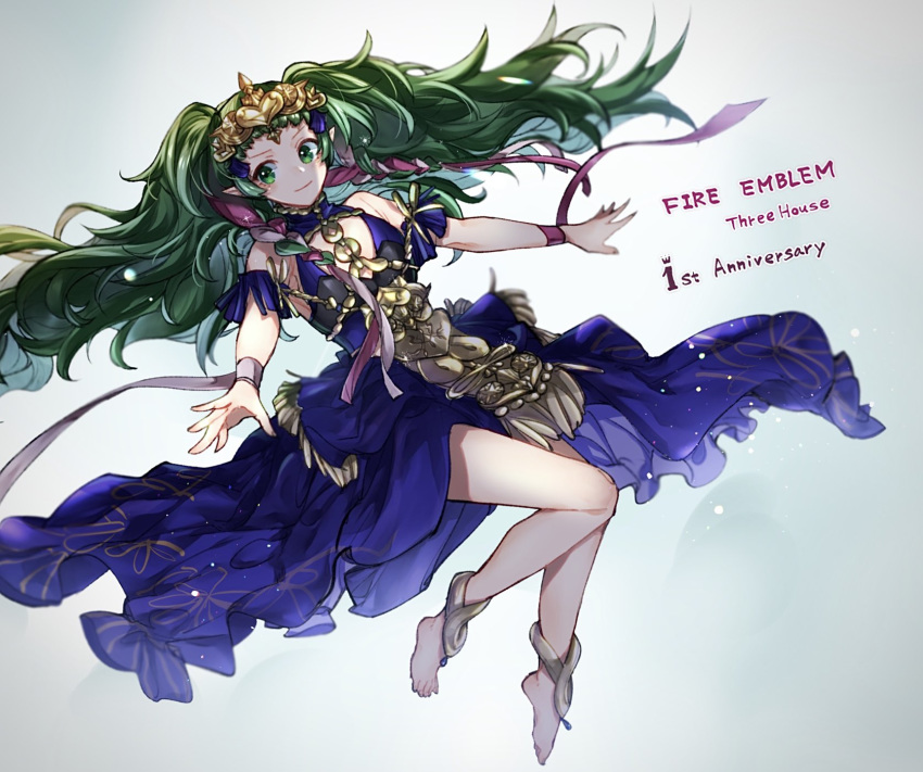 1girl anniversary barefoot braid closed_mouth copyright_name dress fire_emblem fire_emblem:_three_houses full_body green_eyes green_hair highres nekolook pointy_ears ribbon_braid simple_background smile solo sothis_(fire_emblem) tiara twin_braids