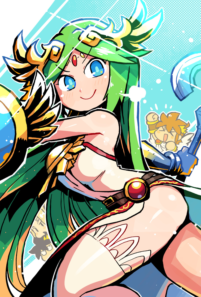 &gt;_&lt; 2boys 2girls black_hair blonde_hair blue_eyes breasts brown_hair chibi clenched_hand closed_eyes dark_pit from_side goddess green_hair highres holding holding_shield holding_staff kid_icarus kid_icarus_uprising looking_at_viewer multiple_boys multiple_girls nachure palutena pit_(kid_icarus) raised_fist rariatto_(ganguri) shield sideboob solo_focus staff thighhighs