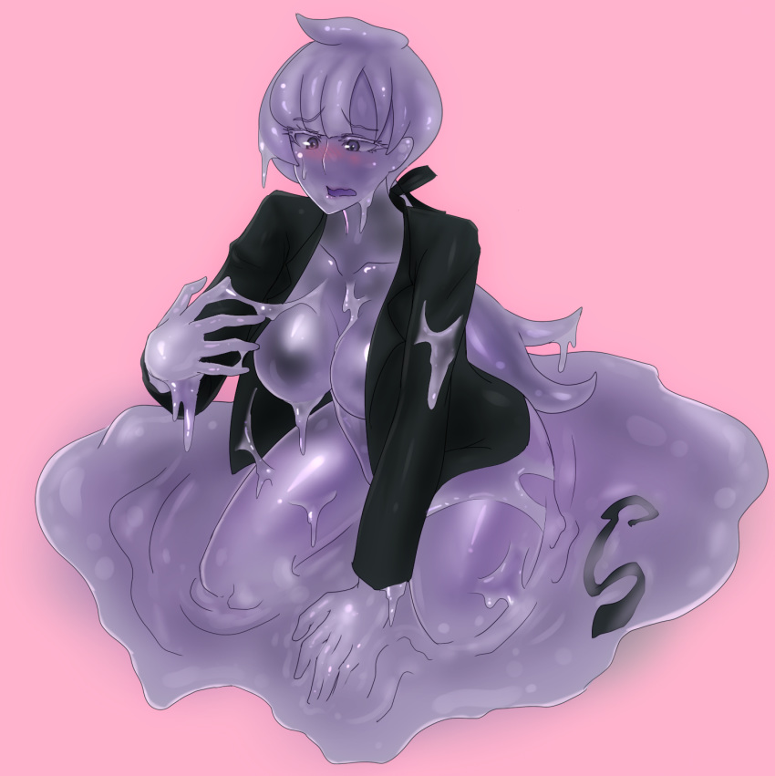 2017 5_fingers blush breasts female fingers goo_creature goo_humanoid goo_transformation grey_body hair hi_res humanoid kneeling open_mouth shigenobanai short_hair simple_background solo transformation