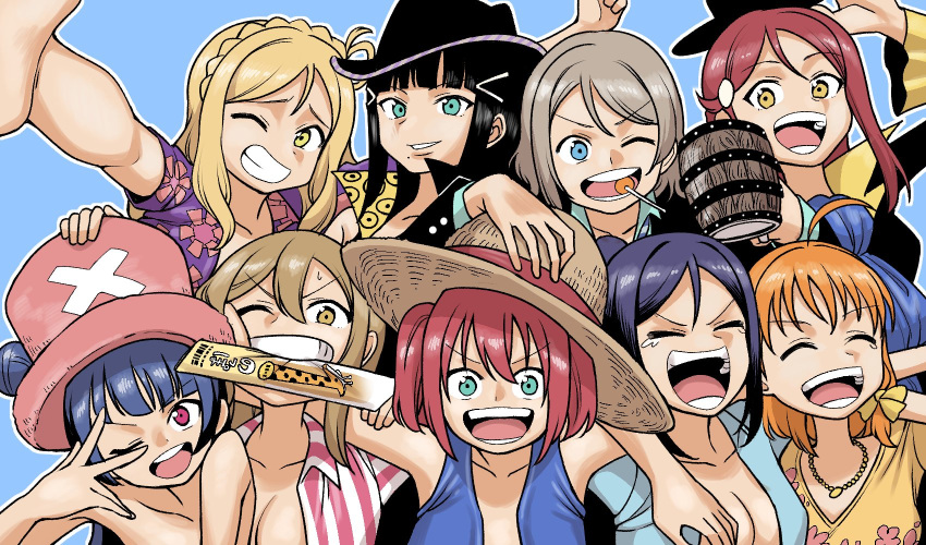 6+girls aqours_pirates_desire candy cosplay food hat highres koaranin1128 kunikida_hanamaru kurosawa_dia kurosawa_ruby lollipop love_live! love_live!_sunshine!! matsuura_kanan monkey_d_luffy monkey_d_luffy_(cosplay) multiple_girls nami_(one_piece) nami_(one_piece)_(cosplay) nico_robin nico_robin_(cosplay) noppo_bread ohara_mari one_eye_closed one_piece parody sakurauchi_riko straw_hat style_parody takami_chika tankard teeth_hold tony_tony_chopper tony_tony_chopper_(cosplay) tsushima_yoshiko upper_body