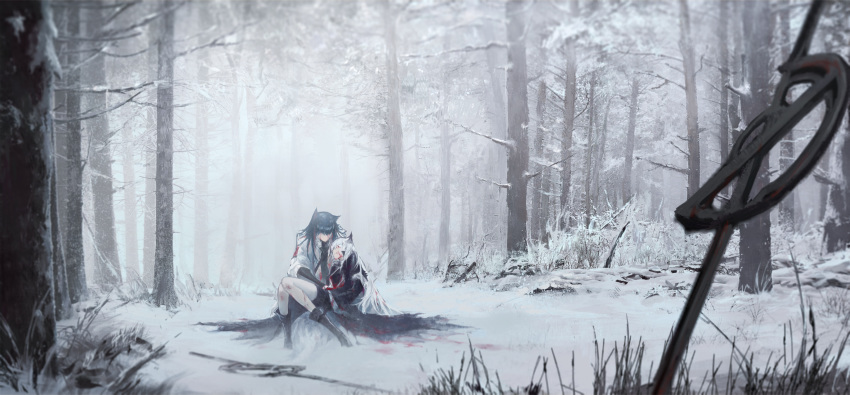 2girls absurdres animal_ears arknights bangs black_hair black_jacket blood bloody_clothes boots dress forest highres holding_person jacket knee_boots lappland_(arknights) long_hair long_sleeves multiple_girls nature outdoors shidai silver_hair snow snowing sword texas_(arknights) tree weapon wolf_ears