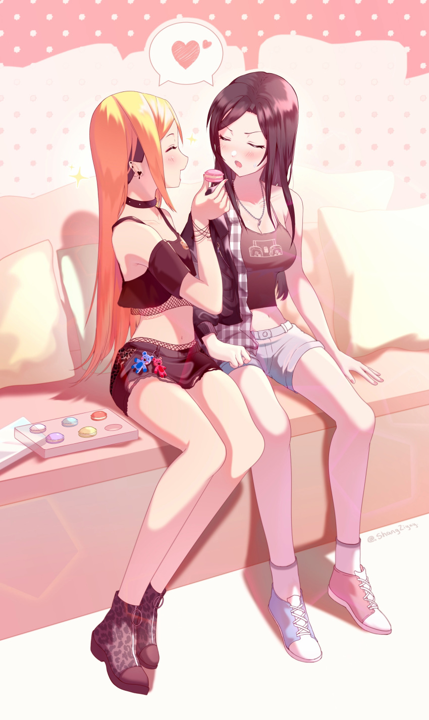 2girls :o absurdres bangs bare_shoulders belt black_belt black_choker black_hair black_tank_top blonde_hair blue_shorts blush boots box bracelet breasts choker cleavage closed_eyes couch crop_top cushion earrings food fujimoto_rina heart highres holding holding_food idolmaster idolmaster_cinderella_girls idolmaster_cinderella_girls_starlight_stage jewelry long_hair macaron midriff mukai_takumi multiple_girls navel necklace open_mouth shangziyxy shoes short_shorts shorts sitting sneakers speech_bubble tank_top thighs white_belt