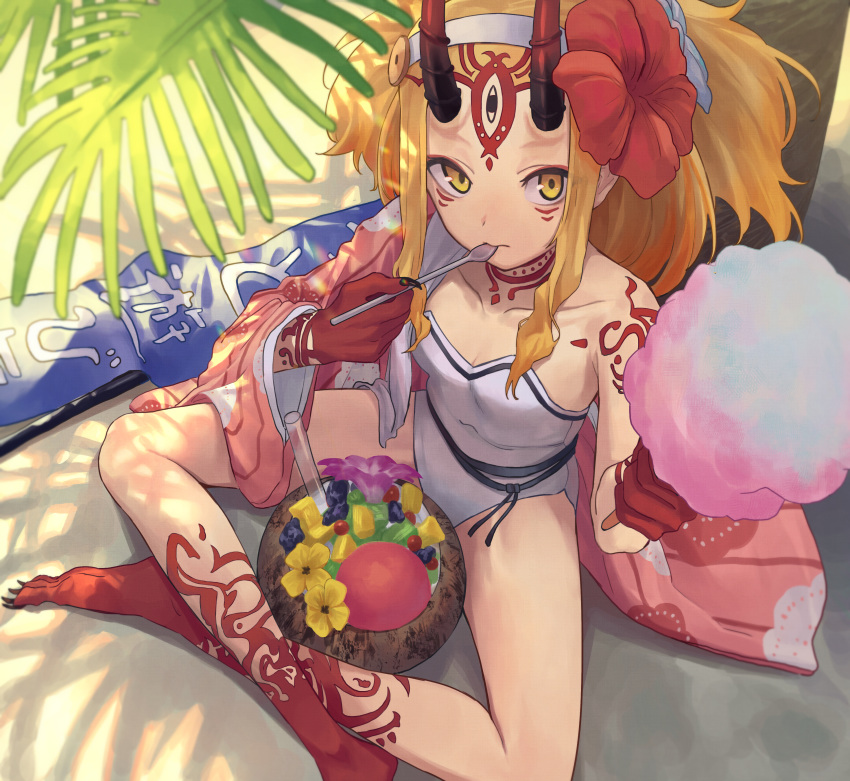 1girl 7aehyun absurdres blonde_hair breasts cotton_candy facial_mark fate/grand_order fate_(series) forehead forehead_mark gradient_hair hair_pulled_back highres horns ibaraki_douji_(fate/grand_order) ibaraki_douji_(swimsuit_lancer)_(fate) long_hair looking_at_viewer multicolored_hair one-piece_swimsuit oni oni_horns sitting small_breasts swimsuit tattoo white_swimsuit yellow_eyes