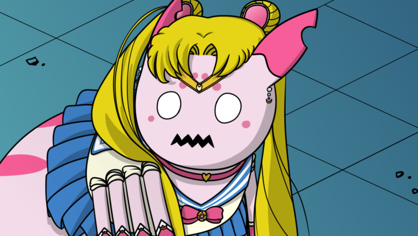 accessory arachnid arthropod arthropod_abdomen blonde_hair blue_bottomwear blue_clothing blue_skirt bottomwear clothing defreak ear_piercing ear_ring female feral hair headband kumo_desu_ga_nani_ka? kumoko long_hair meme open_mouth piercing sailor_moon_(series) sailor_moon_redraw_challenge school_uniform skirt solo spider tiles uniform usagi_tsukino