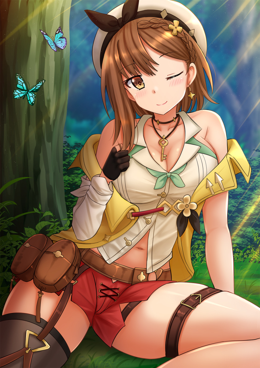 1girl ;) atelier_(series) atelier_ryza bare_shoulders beret black_gloves black_legwear blush braid breasts brown_eyes brown_hair bug butterfly cleavage closed_mouth collared_shirt commentary day detached_sleeves dress_shirt forest gloves hair_ornament hand_up hat head_tilt highres insect jacket kazenokaze key large_breasts nature navel off_shoulder one_eye_closed open_clothes open_jacket outdoors partly_fingerless_gloves red_shorts reisalin_stout shirt short_shorts shorts single_detached_sleeve single_thighhigh sitting skindentation sleeveless sleeveless_jacket sleeveless_shirt smile solo thigh_strap thighhighs tree white_headwear white_shirt white_sleeves yellow_jacket