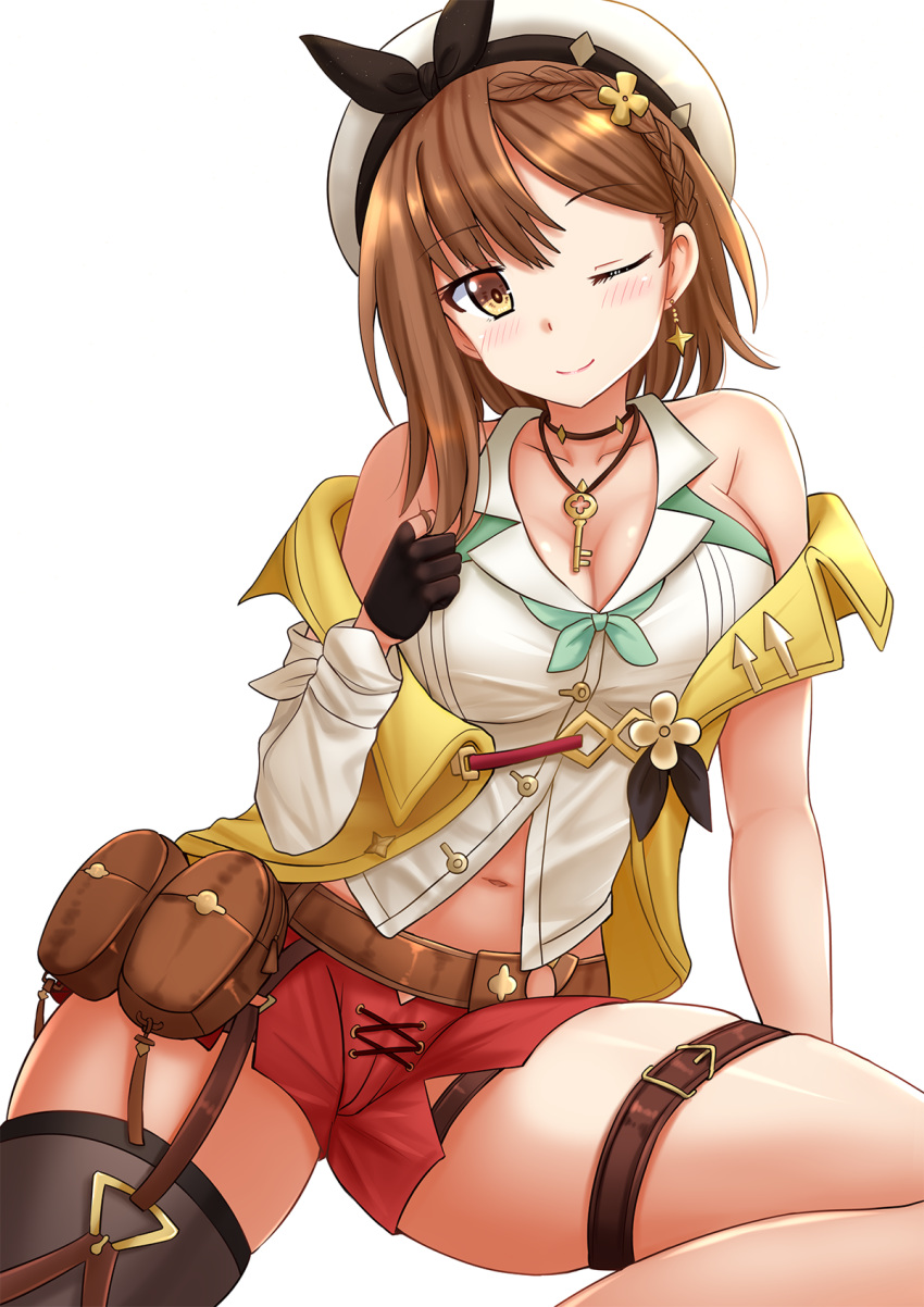 1girl ;) atelier_(series) atelier_ryza bare_shoulders beret black_gloves black_legwear blush braid breasts brown_eyes brown_hair cleavage closed_mouth collared_shirt detached_sleeves dress_shirt gloves hair_ornament hand_up hat head_tilt highres jacket kazenokaze large_breasts navel off_shoulder one_eye_closed open_clothes open_jacket partly_fingerless_gloves red_shorts reisalin_stout shirt short_shorts shorts simple_background single_detached_sleeve single_thighhigh sitting skindentation sleeveless sleeveless_jacket sleeveless_shirt smile solo thigh_strap thighhighs white_background white_headwear white_shirt white_sleeves yellow_jacket