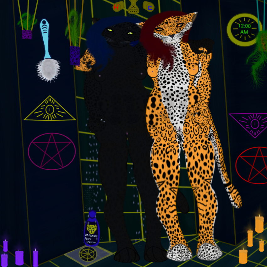 animal_humanoid anthro breasts candle candlestick clock conspiracy duo eye_of_providence felid felid_humanoid feline female female/female genitals hi_res hug humanoid illuminati incest_(lore) inside jaguar jaguar_humanoid kittybastetinati kittyilluminonca love mammal mammal_humanoid night nude pantherine pantherine_humanoid pentagram plant pussy romantic_ambiance rosettes shampoo shower sibling sister sisters tiles twincest twins