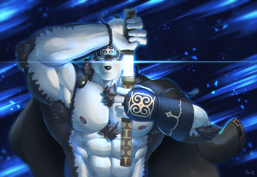 1boy abs absurdres animal_ears bara beard chest drawing_sword facial_hair fighting_stance furry glowing glowing_weapon grey_hair headband highres horkeu_kamui_(tokyo_houkago_summoners) jacket jacket_on_shoulders keijimohumohu male_focus multicolored_hair muscle nipples pectorals revealing_clothes sheath silver_hair simple_background solo tokyo_houkago_summoners upper_body weapon