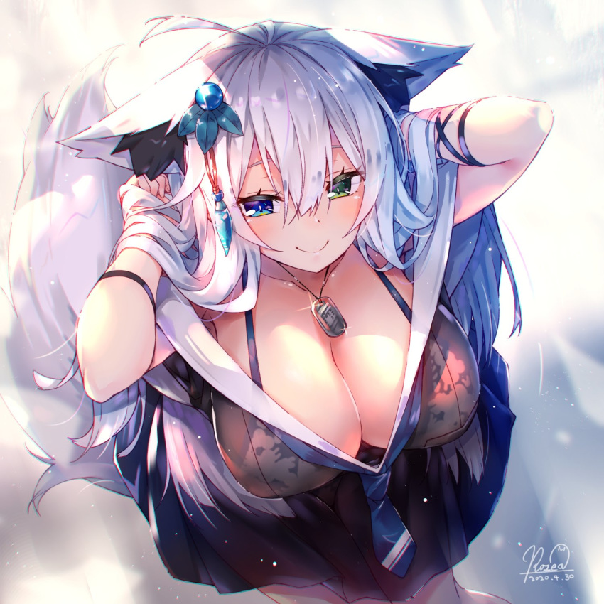 1girl animal_ear_fluff animal_ears bangs blue_eyes blush breasts cleavage collarbone dog_tags green_eyes hair_ornament hands_in_hair heterochromia highres large_breasts long_hair looking_at_viewer necktie off_shoulder original rozea_(graphmelt) sidelocks skirt smile solo tail
