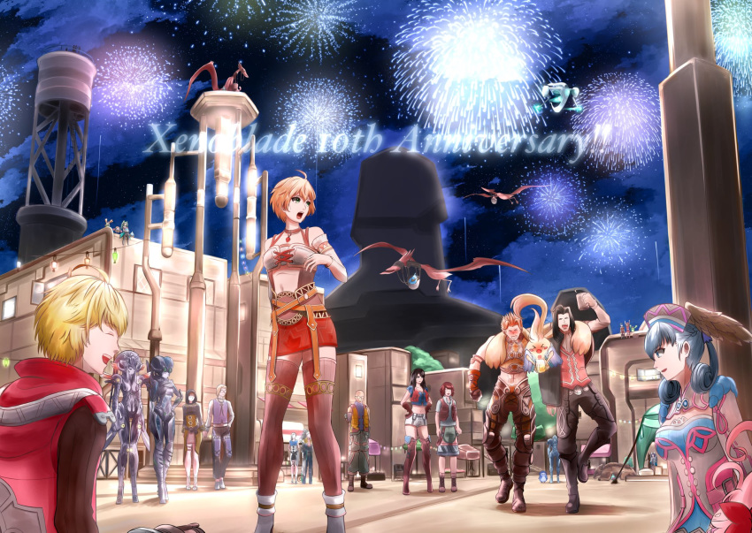 6+boys 6+girls anna_(xenoblade_1) arm_around_shoulder armu_(xenoblade) berryjammy_(xenoblade) black_hair blonde_hair blush building carna cityscape dunban everyone ewan_(xenoblade) fireworks from_below gowago_(xenoblade) hat highres juju_(xenoblade) kiroki_(xenoblade) lamppost lantern linada_(xenoblade) ma'crish_(xenoblade) matryona_(xenoblade) melia mercury_xeno miniskirt multiple_boys multiple_girls nene_(xenoblade) night nikita_(xenoblade) nopo'rikh_(xenoblade) nopon norara_(xenoblade) odama_(xenoblade) outdoors pama_(xenoblade) pterix_(xenoblade) red_hair rein_(xenoblade) riki_(xenoblade) rosemary_(xenoblade) shilx_(xenoblade) short_hair shulk silver_hair skirt thighhighs tree vanea watchtower xenoblade_(series) xenoblade_1 yura_(xenoblade)