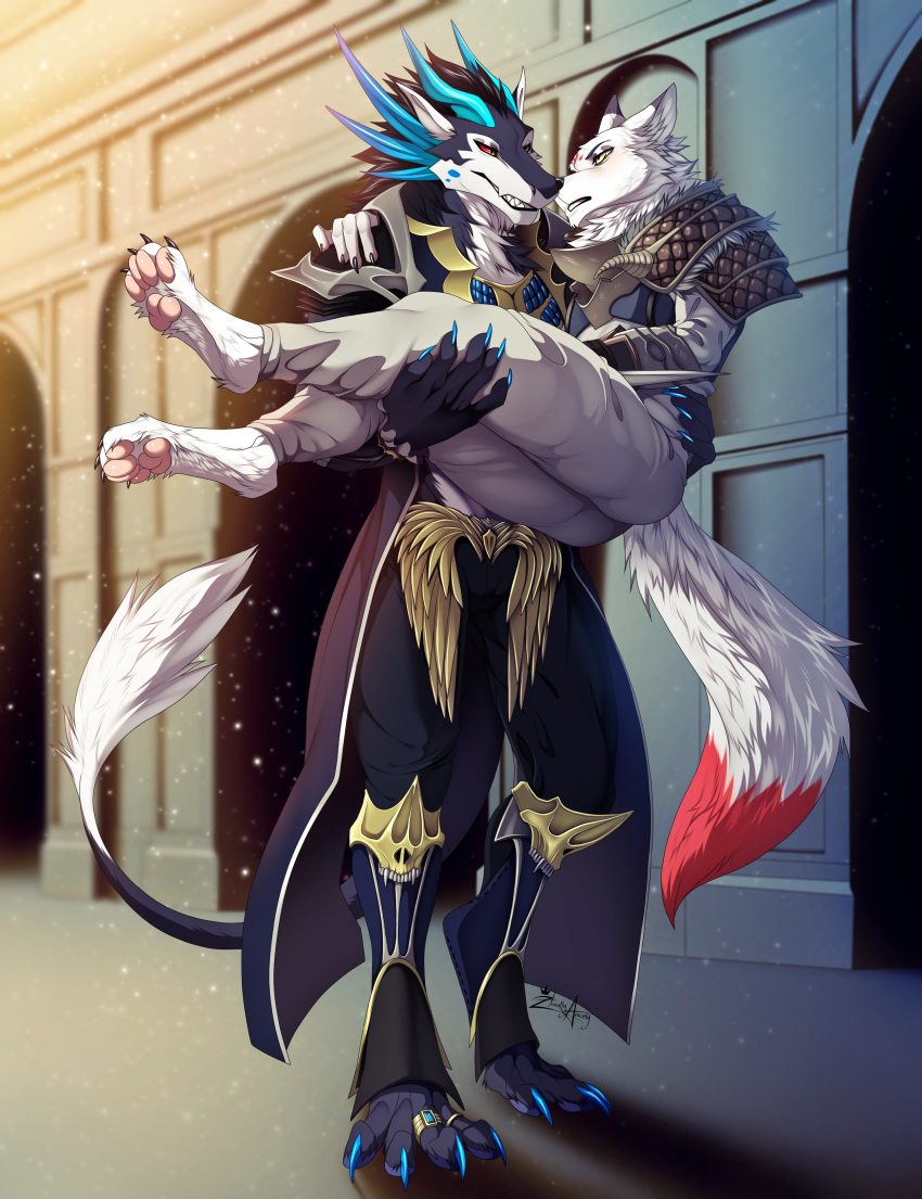 2020 4_toes 5_fingers absurd_res anthro canid canine clothed clothing day detailed_background digital_media_(artwork) dragon fingers fox fur furred_dragon hazakyaracely hi_res horn male mammal outside red_body red_fur smile teeth toes white_body white_fur