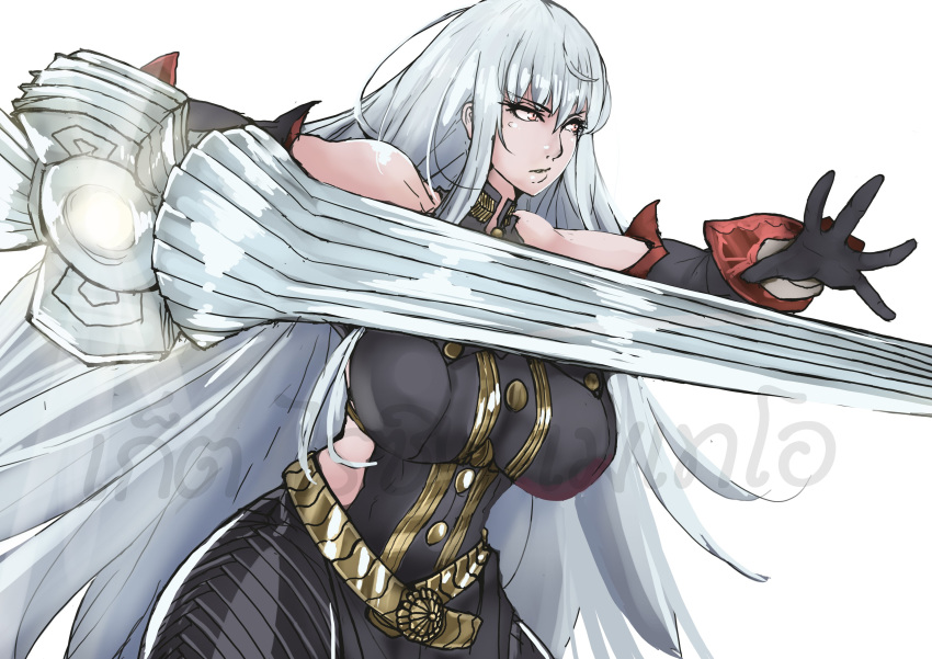 1girl absurdres bangs bare_shoulders black_gloves breasts eyebrows_visible_through_hair fighting_stance gloves hair_between_eyes highres holding holding_weapon lance large_breasts long_hair military military_uniform polearm puzenketsu red_eyes selvaria_bles senjou_no_valkyria senjou_no_valkyria_1 silver_hair uniform very_long_hair weapon