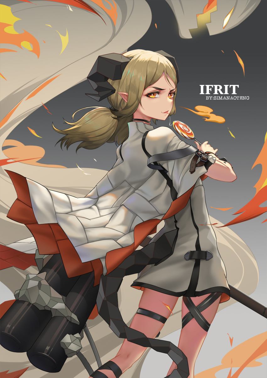 2019 ambiguous_gender arknights belt blonde_hair candy clothing eyebrows female_(lore) fire food hair hi_res holding_food holding_object horn horned_humanoid humanoid humanoid_pointy_ears ifrit_(arknights) jacket lollipop looking_at_viewer looking_back looking_back_at_viewer pigtails rear_view sima_naoteng smile solo topwear yellow_eyes