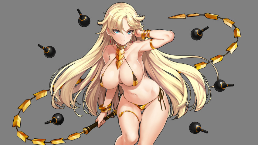 1girl bangle bangs bikini blonde_hair blue_eyes bracelet breasts collar earrings eiyuu_senki_ww gilgamesh_(eiyuu_senki) gold_bikini grey_background hair_tucking highres jewelry large_breasts long_hair looking_at_viewer micro_bikini navel ooyari_ashito side-tie_bikini simple_background smile solo swimsuit whip_sword