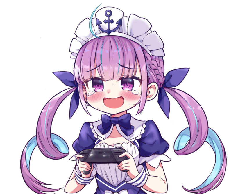 1girl anchor_symbol blush bow braid commentary_request controller french_braid hair_ribbon highres holding holding_controller hololive maid_headdress minato_aqua multicolored_hair open_mouth purple_eyes purple_hair ribbon short_sleeves simple_background tearing_up twintails two-tone_hair upper_body white_background wrist_cuffs yandama