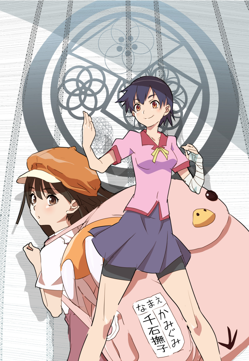 2girls bandaged_arm bandages bangs bike_shorts black_hair bow brown_eyes brown_hair brown_skirt cabbie_hat closed_mouth commentary cosplay crest feet_out_of_frame fighting_stance hachikuji_mayoi hachikuji_mayoi_(cosplay) hat highres kanbaru_suruga long_hair looking_back monogatari_(series) multiple_girls naoetsu_high_school_uniform neck_ribbon pink_backpack pink_shirt pleated_skirt purple_skirt pursed_lips ribbon school_uniform sengoku_nadeko shirt short_hair short_sleeves shorts shorts_under_skirt skirt smile thick_eyebrows very_short_hair washu_junkyu white_shirt yellow_bow yellow_ribbon