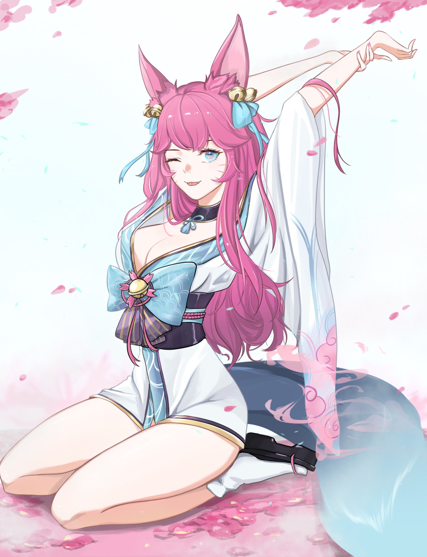 1girl absurdres ahri alternate_hair_color animal_ear_fluff animal_ears arms_up artist_request bell black_choker blue_ribbon breasts choker cleavage facial_mark fang fox_ears fox_tail hair_bell hair_ornament highres kumiho large_breasts league_of_legends long_hair off_shoulder one_eye_closed petals pink_nails ribbon sitting solo spirit_blossom_ahri tail vastaya whisker_markings