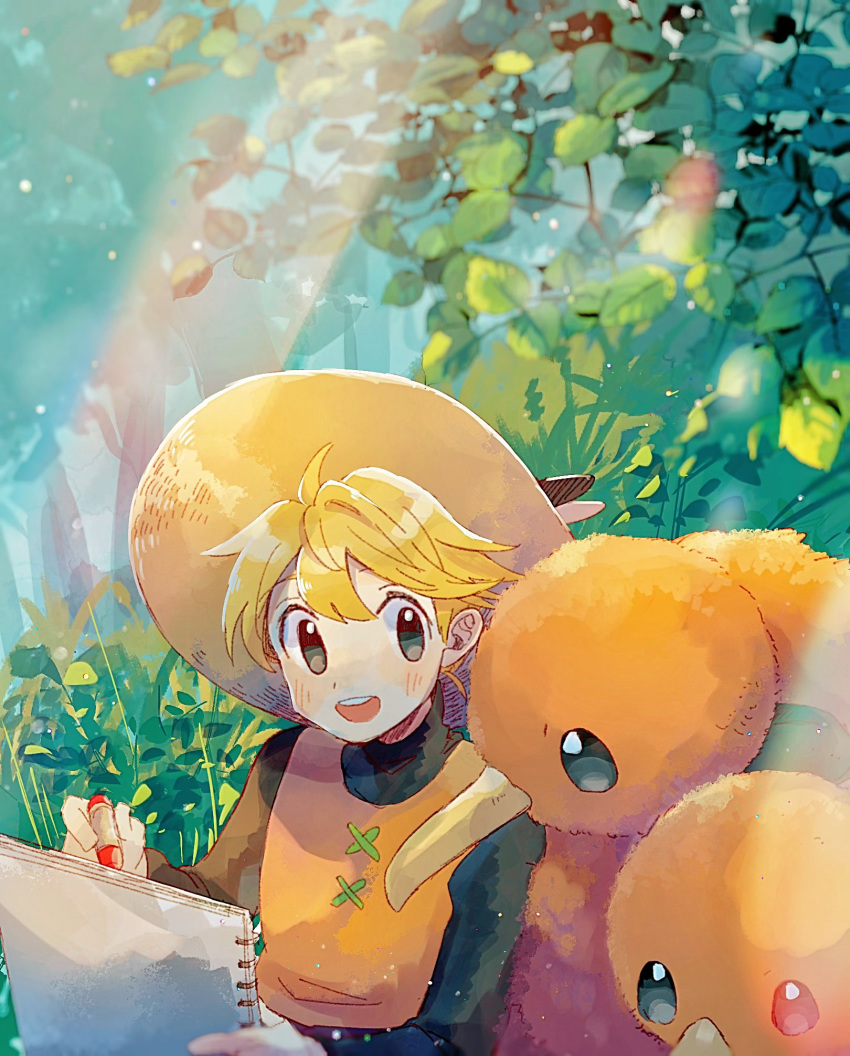 1girl bangs blonde_hair blush day doduo drawing foliage gen_1_pokemon grey_eyes hat highres holding light_beam looking_to_the_side mu_acrt open_mouth outdoors pokemon pokemon_(creature) pokemon_special shiny shiny_hair short_hair sketchpad teeth upper_teeth yellow_(pokemon)