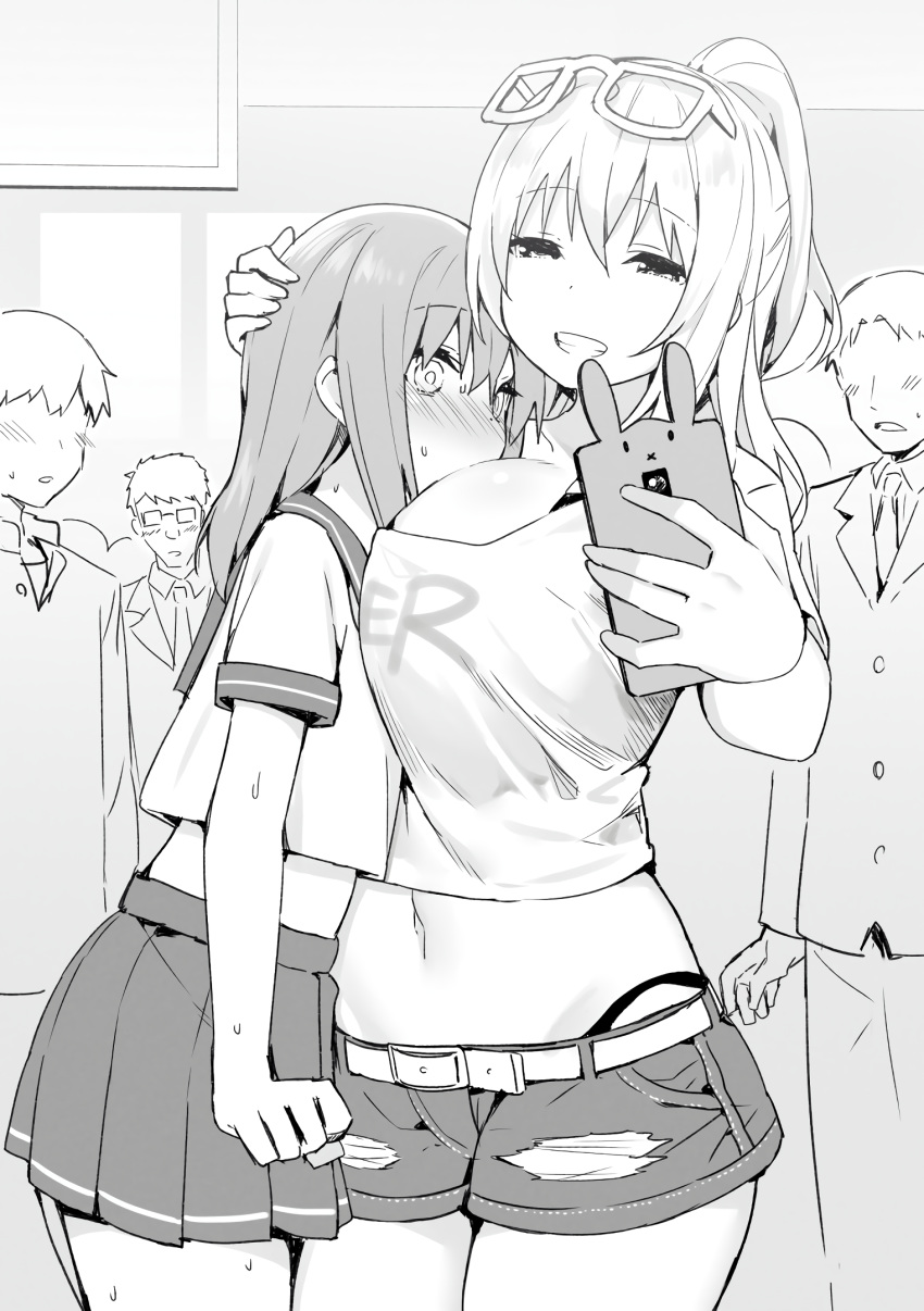 1girl 4boys bangs belt between_breasts blonde_onee-san_(sky_(freedom)) blush breast_press breast_smother breasts cellphone clothes_writing crop_top crossdressing crowd embarrassed exhibitionism eyebrows_visible_through_hair eyewear_on_head faceless faceless_male greyscale grin hair_between_eyes hand_on_another's_head head_between_breasts height_difference hetero highres holding holding_phone large_breasts long_hair midriff monochrome multiple_boys navel nose_blush original otoko_no_ko panty_straps phone phone_with_ears pleated_skirt ponytail school_uniform self_shot serafuku short_ponytail short_shorts short_sleeves shorts shota-kun_(shinjiro) skirt sky_(freedom) smartphone smile source_request sunglasses sweat