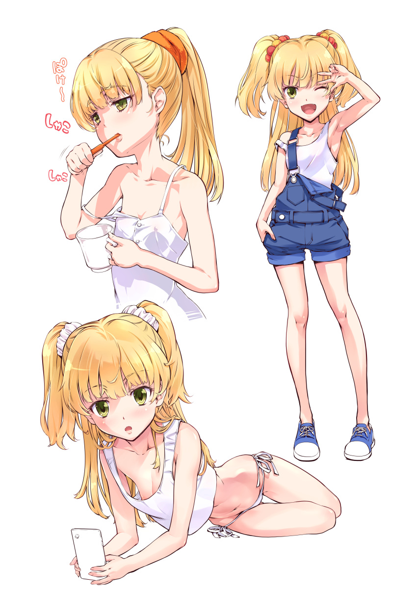 1girl absurdres bangs blonde_hair blue_overalls blush breasts brushing_teeth cleavage commentary_request cup eyebrows_visible_through_hair green_eyes hair_ornament hair_scrunchie hand_in_pocket highres holding holding_cup idolmaster idolmaster_cinderella_girls jougasaki_rika knees looking_at_viewer multiple_views open_mouth overalls ponytail scrunchie shoes suzuki24 tank_top tied_hair tongue w white_background white_tank_top