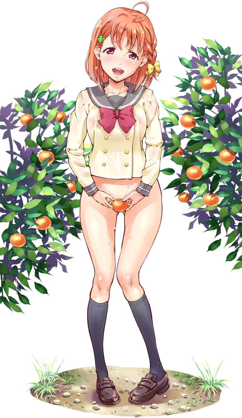 1girl absurdres ahoge ass_visible_through_thighs bangs black_legwear bottomless bow braid breasts brown_footwear collarbone commentary_request covering covering_crotch food fruit grass hair_bow highres knees leaf looking_at_viewer love_live! love_live!_sunshine!! mandarin_orange medium_hair no_panties open_mouth pigeon-toed raised_eyebrows shoes socks solo suzuki24 sweat takami_chika teeth tongue upper_teeth