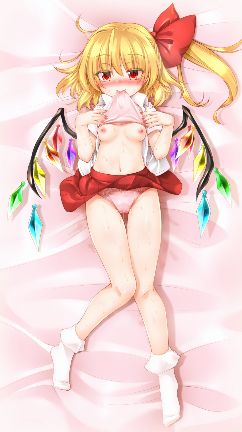 bed_sheet biting biting_clothes blonde_hair blush bow bow_panties breasts camisole camisole_lift covered_nipples eyebrows_visible_through_hair eyes_visible_through_hair fang flandre_scarlet hair_between_eyes hair_bow highres lifted_by_self lying m9kndi midriff nail_polish navel nipples on_back open_clothes open_shirt panties pantyshot pink_camisole pink_panties pleated_skirt pussy_juice pussy_juice_stain red_eyes saliva short_sleeves side_ponytail skirt skirt_lift small_breasts socks sweat touhou underwear wings