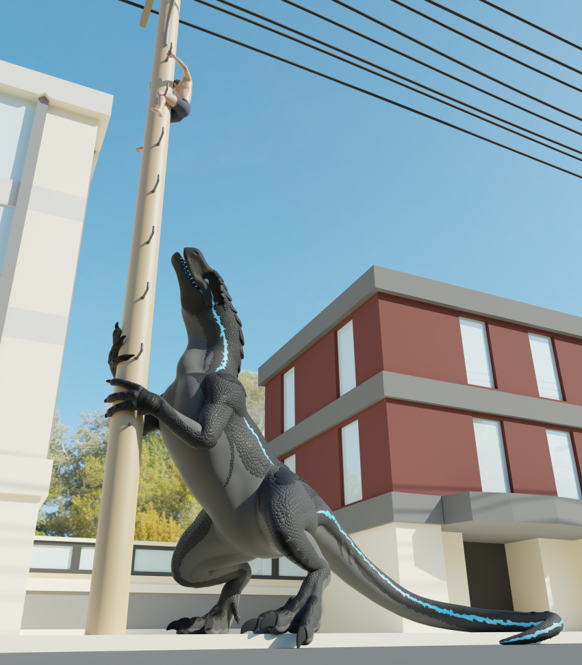 3d_(artwork) absurd_res allosaurid allosaurus ambiguous_gender city daylight digital_media_(artwork) dinosaur faceless_character feral hi_res human humanoid male mammal racf92 reptile scalie scared street struggling stuck theropod utility_pole waiting whiteperson ziina