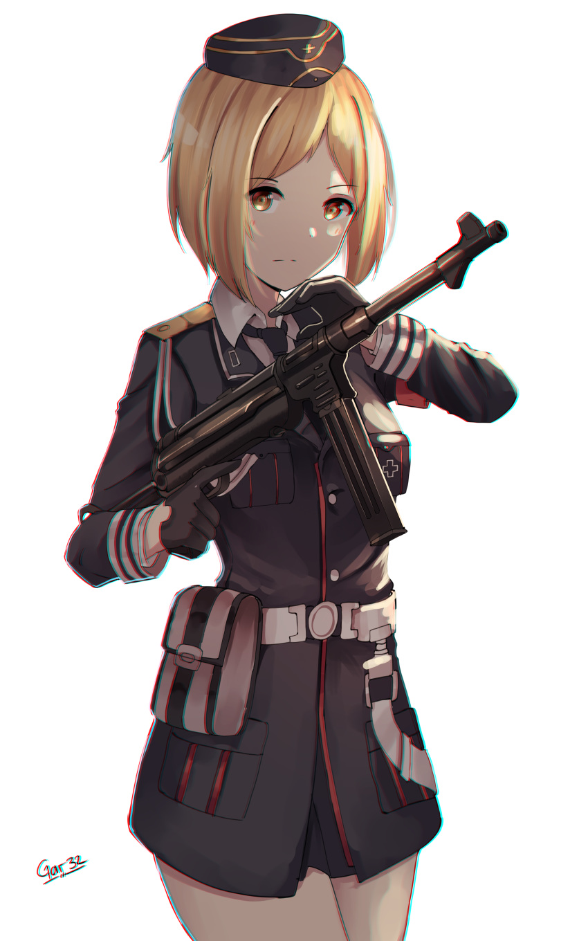 1girl absurdres bangs black_gloves black_headwear black_jacket black_neckwear blonde_hair brown_eyes closed_mouth collared_shirt eyebrows_visible_through_hair garrison_cap girls_frontline gloves gun half_gloves hat highres holding holding_gun holding_weapon jacket long_sleeves looking_at_viewer mp40 mp40_(girls_frontline) necktie object_namesake parted_bangs shirt short_hair signature simple_background solo submachine_gun tegar32 weapon white_background white_shirt