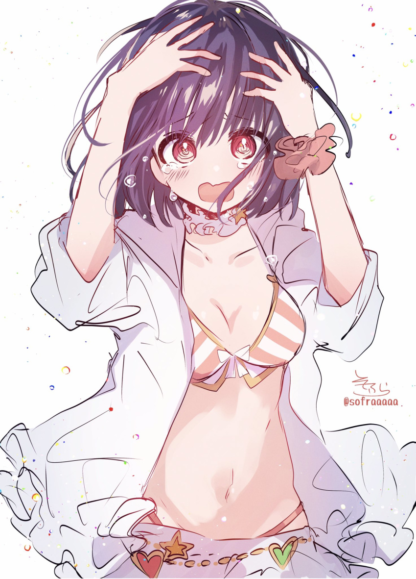 1girl arms_up bangs bikini black_hair breasts brown_scrunchie cleavage collarbone collared_shirt diagonal-striped_bikini diagonal_stripes eyebrows_visible_through_hair granblue_fantasy hair_between_eyes hands_on_own_head highres long_sleeves looking_at_viewer medium_breasts navel open_clothes open_mouth open_shirt red_eyes scrunchie shirt signature simple_background sofra solo striped striped_bikini swimsuit tears twitter_username vikala_(granblue_fantasy) wavy_mouth white_background white_shirt wrist_scrunchie