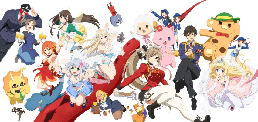 3boys 6+girls :d ;) ;d alcohol amagi_brilliant_park antenna_hair apron ashe_(amaburi) bandou_biino beer beer_mug bow breasts camera chuujou_shiina cleavage commentary_request cup dragon dress eastern_dragon fairy_wings floating formal frilled_dress frilled_skirt frills gun hair_bow hair_ornament kanie_seiya koborii_(amaburi) large_breasts latifa_fleuranza long_hair looking_at_viewer macaron_(amaburi) medium_breasts midriff moffle mug multiple_boys multiple_girls muse_(amaburi) navel neck_ribbon office_lady official_art one_eye_closed open_mouth ponytail ribbon salama_(amaburi) salute sento_isuzu short_hair simple_background skirt skirt_suit small_breasts smile suit sylphy_(amaburi) takami_seno thighhighs tiara tiramii uniform very_long_hair weapon white_background wings zettai_ryouiki