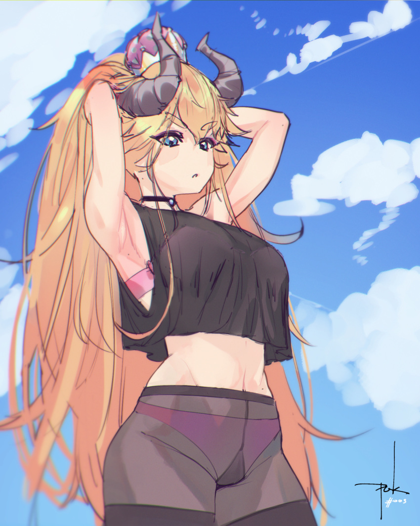 1girl armpits arms_behind_head arms_up black_choker blonde_hair blue_eyes blue_sky bowsette bra breasts choker cowboy_shot crop_top crop_top_overhang day eyebrows_visible_through_hair eyeshadow grey_legwear groin hands_in_hair highres horns large_breasts long_hair makeup mario_(series) messy_hair midriff mole_on_armpits navel new_super_mario_bros._u_deluxe panties panties_under_pantyhose pantyhose pink_bra pink_eyeshadow pink_panties puk see-through sheer_legwear sky solo standing super_crown thick_eyebrows thighband_pantyhose underwear very_long_hair