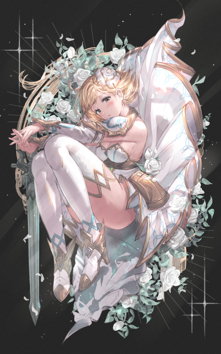 1girl blonde_hair breasts brown_eyes cleavage detached_sleeves djeeta_(granblue_fantasy) flower granblue_fantasy hair_flower hair_ornament hands_together highres medium_breasts milli_little rose sword the_glory thighhighs thighs weapon white_flower white_rose