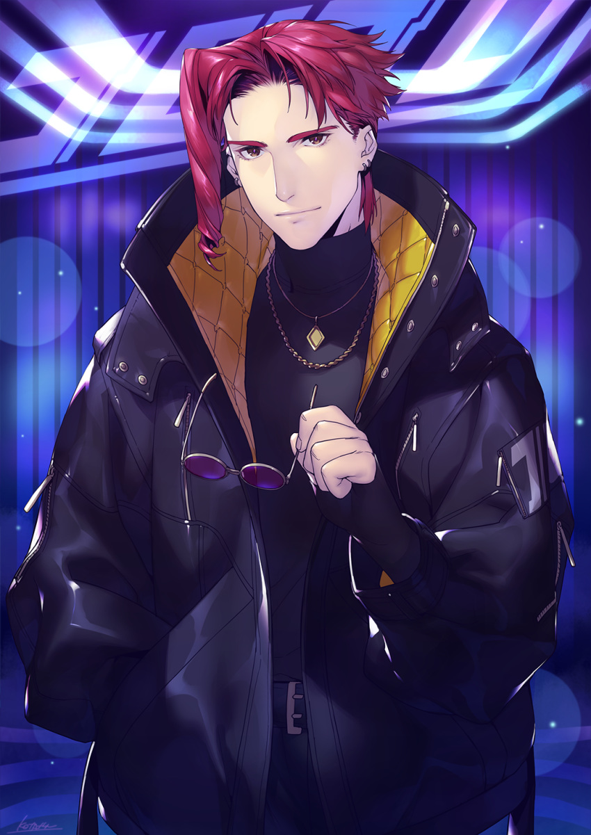 1boy belt black_coat black_pants black_shirt brown_eyes closed_mouth coat cowboy_shot earrings fingernails highres holding holding_eyewear jewelry jojo_no_kimyou_na_bouken kakyouin_noriaki kotatsu_(g-rough) long_sleeves looking_at_viewer male_focus necklace pants pendant purple_background red_hair shirt signature smile solo stardust_crusaders sunglasses