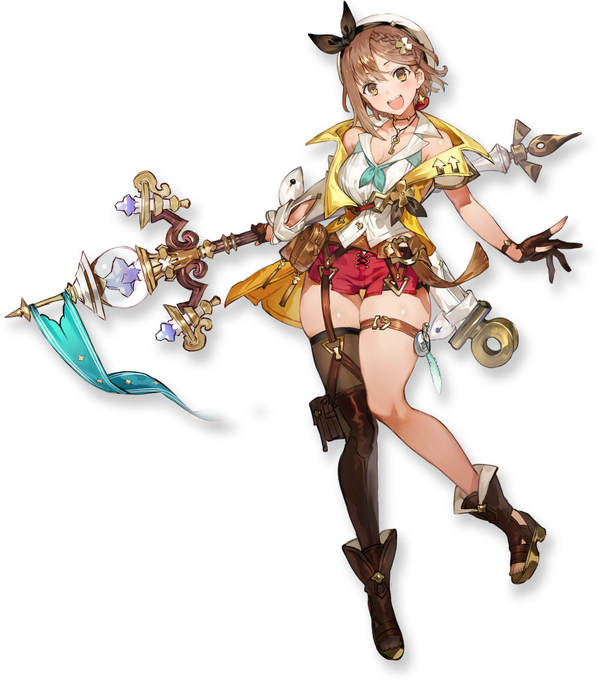1girl asymmetrical_legwear atelier_(series) atelier_ryza atelier_ryza_2 boots brown_eyes brown_hair fang full_body hair_ornament hat high_heels highres holding holding_staff jewelry long_sleeves looking_at_viewer neckerchief necklace official_art open_mouth red_shorts reisalin_stout sandals short_shorts shorts single_thighhigh skindentation solo staff thigh_strap thighhighs toridamono transparent_background