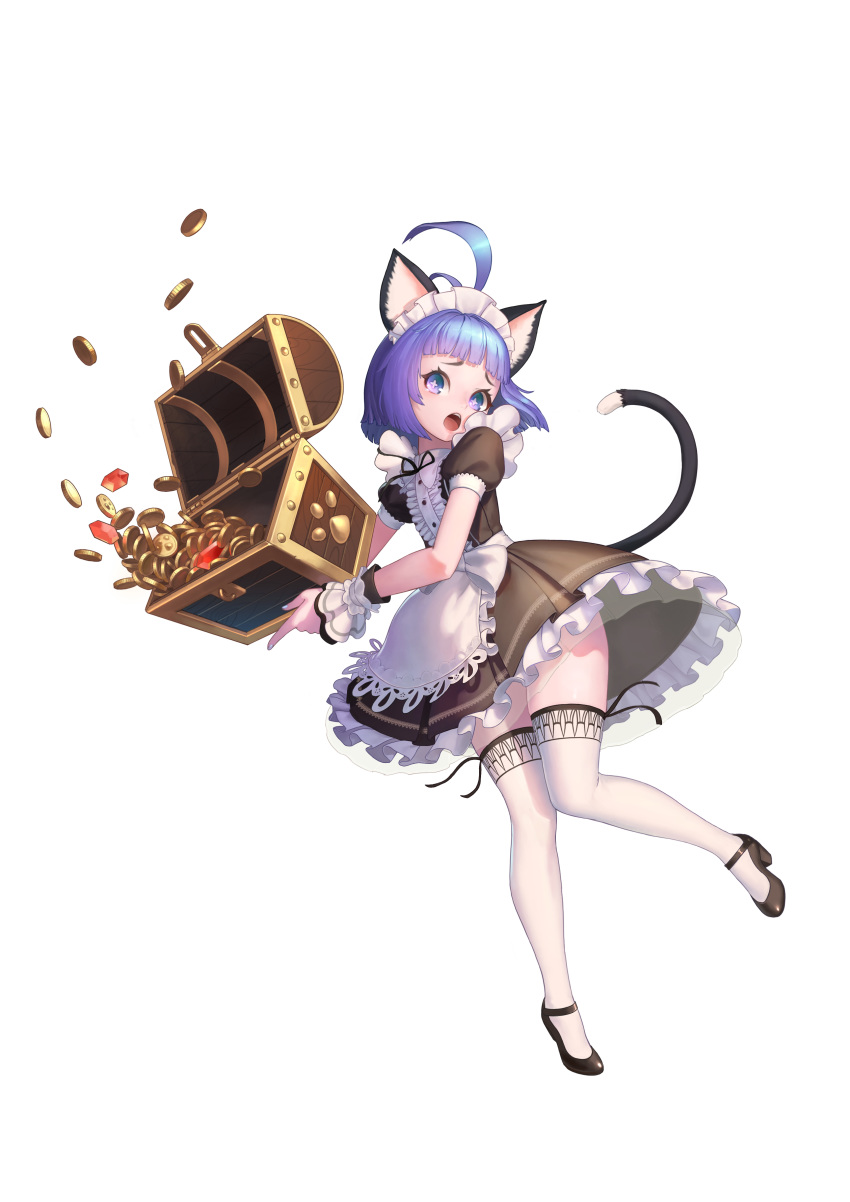 1girl absurdres ahoge animal_ears apron black_dress black_footwear blue_eyes blue_hair botro cat_ears cat_tail coin dress elin full_body gem gold high_heels highres huge_ahoge legs maid maid_headdress open_mouth shoes short_hair simple_background solo tail tera_online thighhighs thighs treasure treasure_chest waist_apron white_apron white_background white_legwear