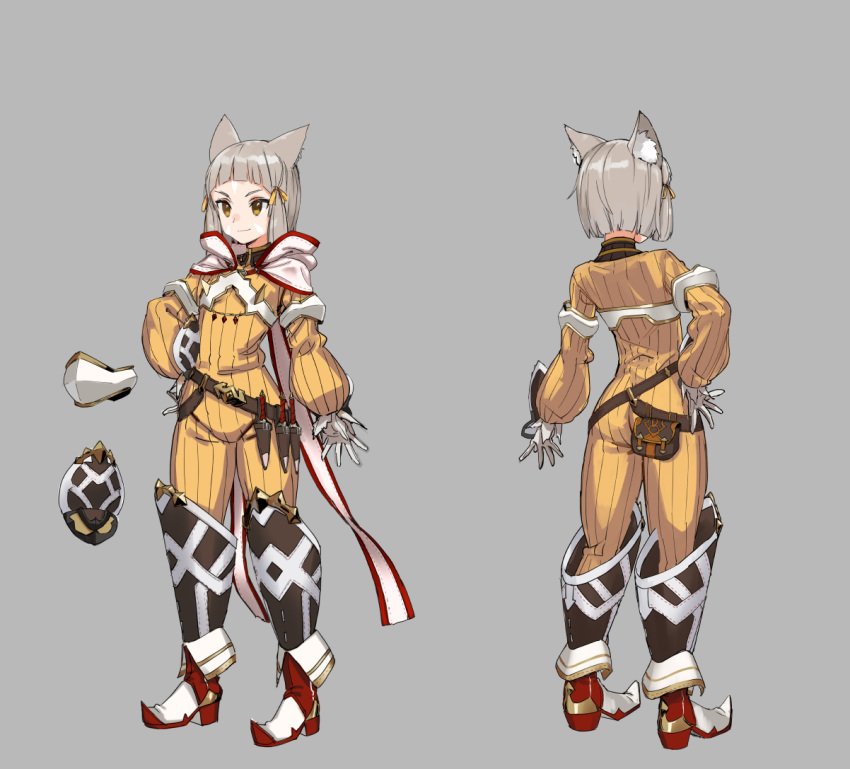 1girl animal_ears arms_at_sides bodysuit closed_mouth concept_art facial_mark grey_background grey_hair hair_ribbon hand_on_hip kawakami_rokkaku multiple_views niyah ribbon simple_background smile solo standing xenoblade_(series) xenoblade_2 yellow_bodysuit yellow_eyes yellow_ribbon