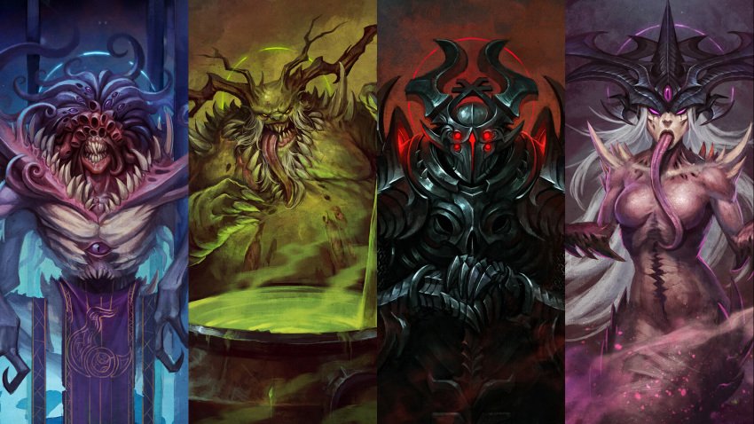 16:9 armor cauldron chaos_daemon clothing deity demon facial_hair female gauntlets gloves handwear hi_res horn horned_helmet khorne klaher_baklaher long_tongue melee_weapon multi_eye nurgle sharp_teeth slaanesh teeth tentacles tongue tongue_out tzeentch warhammer_(franchise) weapon widescreen