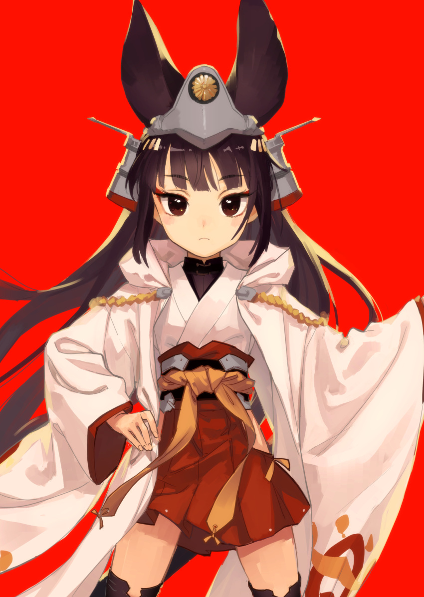 1girl animal_ears azur_lane bangs black_hair brown_eyes hakama_skirt hand_on_hip headgear highres japanese_clothes kawakami_rokkaku long_hair long_sleeves looking_at_viewer miniskirt nagato_(azur_lane) nagato_(azur_lane)_(old_design) nontraditional_miko pleated_skirt red_background skirt solo thighhighs turtleneck wide_sleeves