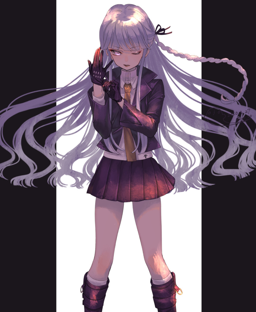 1girl adjusting_clothes adjusting_gloves bangs black_gloves black_ribbon blazer boots braid brown_neckwear collared_shirt danganronpa danganronpa_1 dress_shirt floating_hair gloves hair_ribbon highres jacket kirigiri_kyouko knee_boots kneehighs long_hair long_sleeves miniskirt ojo_aa one_eye_closed open_blazer open_clothes open_jacket open_mouth pink_eyes pleated_skirt purple_jacket purple_skirt ribbon school_uniform shiny shiny_hair shirt silver_hair single_braid skirt solo standing very_long_hair white_shirt wing_collar