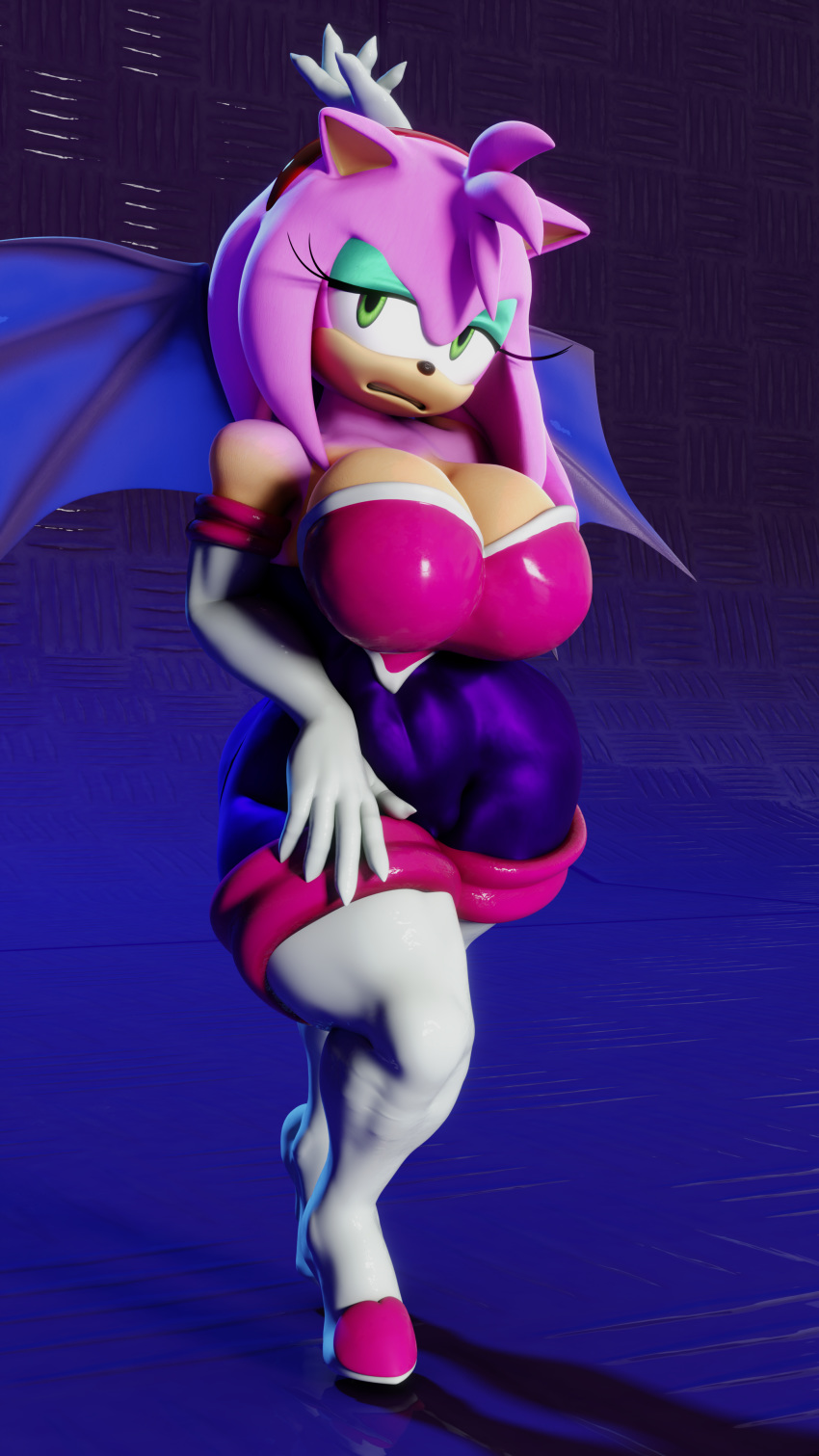 3d_(artwork) 9:16 absurd_res amy_rose anthro armwear bat_wings big_breasts blender_(software) boots breasts clothing digital_media_(artwork) elbow_gloves eulipotyphlan female footwear fur gloves green_eyes handwear hedgehog hi_res mammal membrane_(anatomy) membranous_wings pink_body pink_fur pinup pose rouge_the_bat solo sonic_the_hedgehog_(series) southerwigwam thick_thighs wide_hips wings