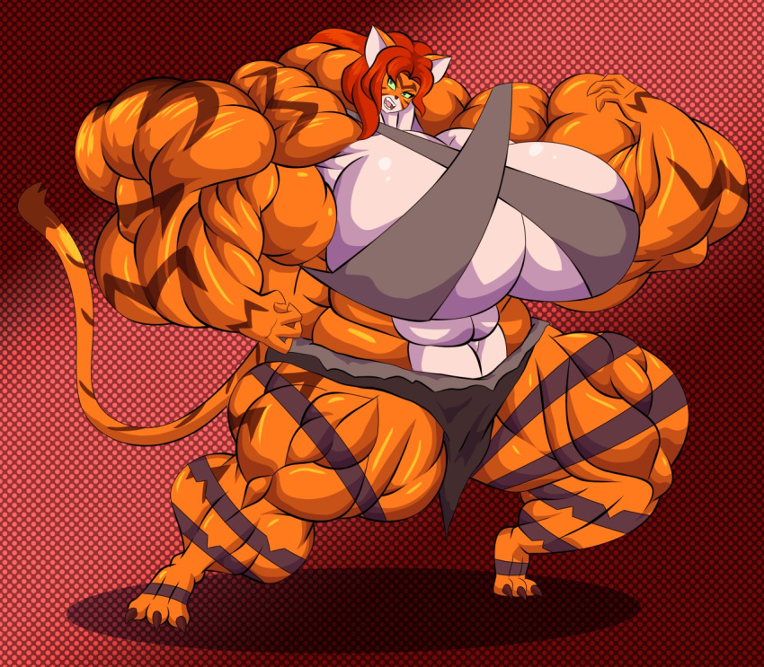 2018 abs amazon anthro biceps big_breasts breasts clothed clothing digital_media_(artwork) feline female flexing fmg fur green_eyes hair hyper hyper_muscles mammal muscular muscular_female open_mouth outlawmonkeyx solo standing stripes thick_thighs tiger