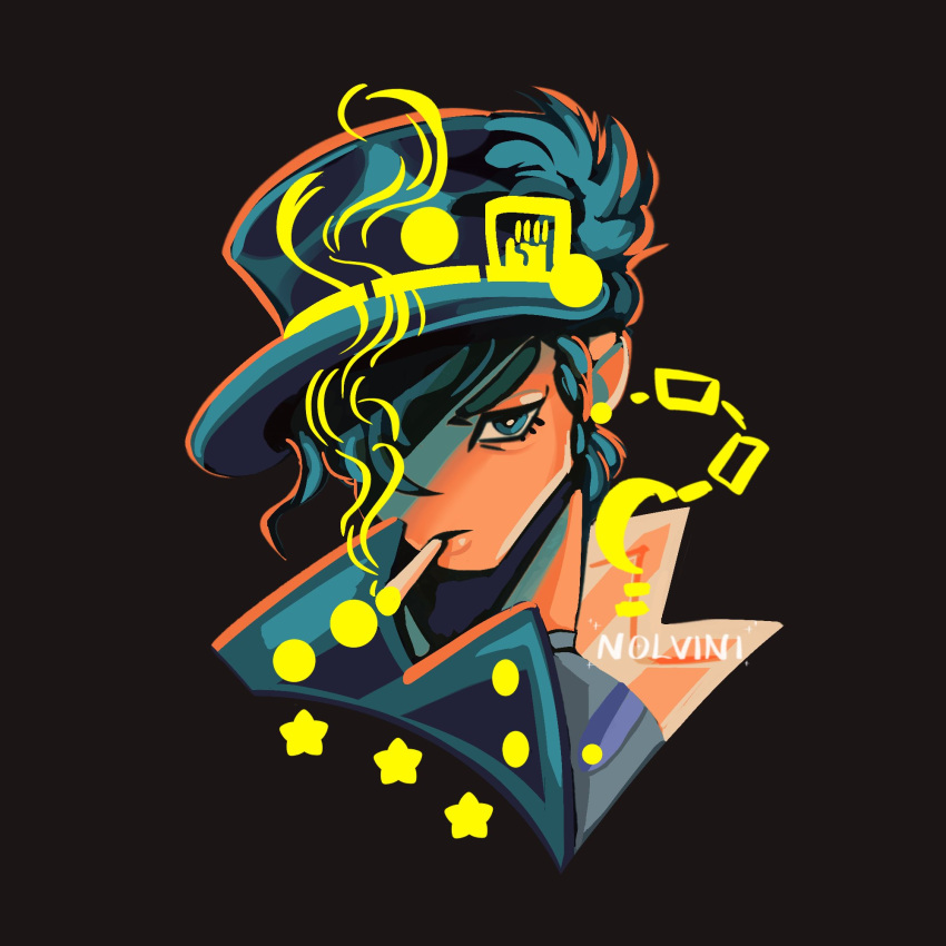 baseball_cap black_background blue_gakuran blue_hair blue_hat blush chain commentary cropped_shoulders english_commentary gold_chain grey_shirt hair_over_one_eye hat highres jojo_no_kimyou_na_bouken kujo_jotaro looking_at_viewer male_focus nolvini popped_collar shirt signature smoke smoking solo star_(symbol) stardust_crusaders