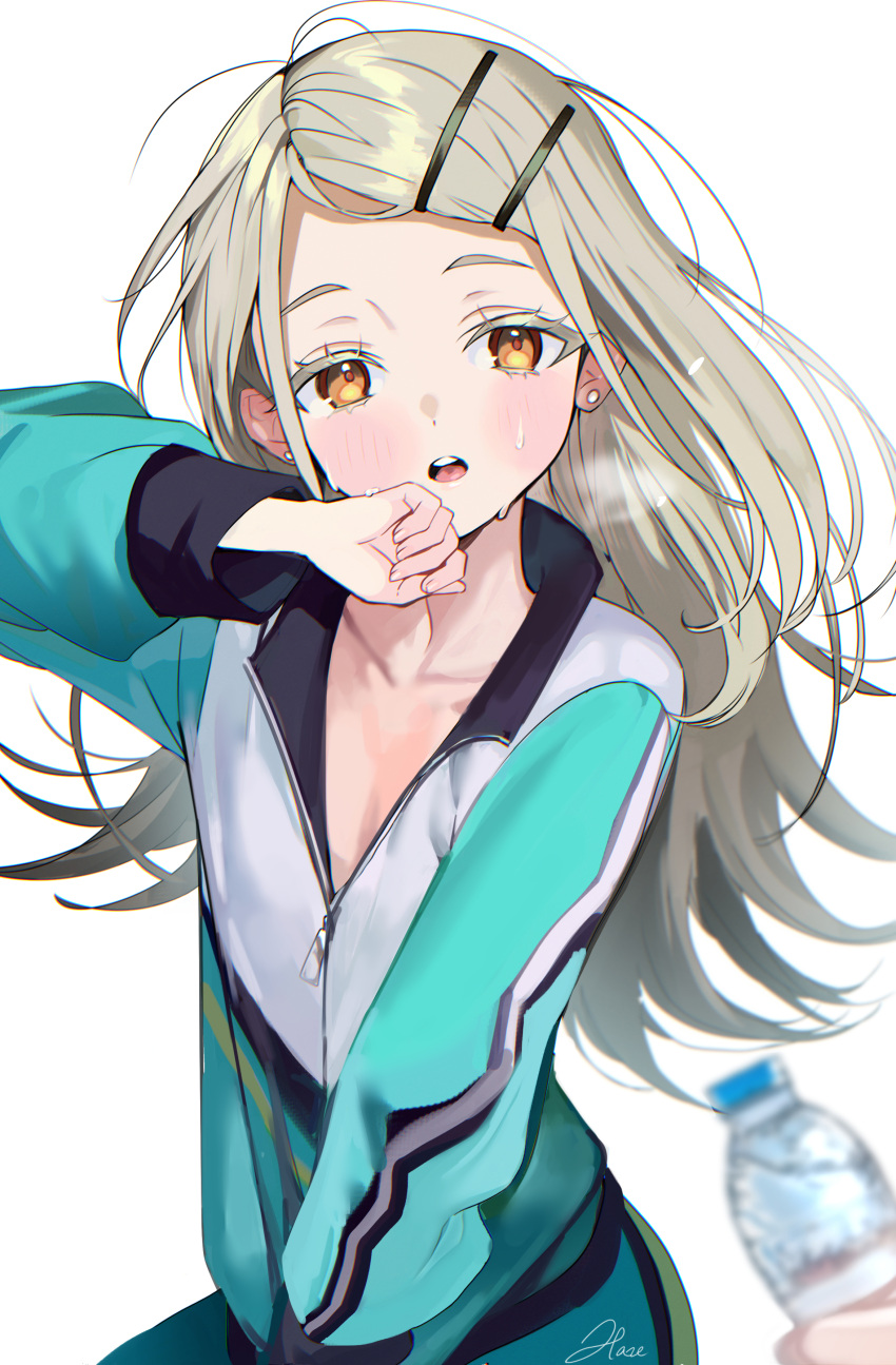 1girl 1other :o absurdres blonde_hair blush bottle collarbone colored_eyelashes earrings flipped_hair gakuen_idolmaster green_shorts haze_(ohw8g) highres idolmaster jacket jewelry long_hair long_sleeves looking_at_viewer orange_eyes partially_unzipped pov pov_hands shinosawa_hiro shorts simple_background solo stud_earrings sweat track_jacket very_long_hair water_bottle white_background