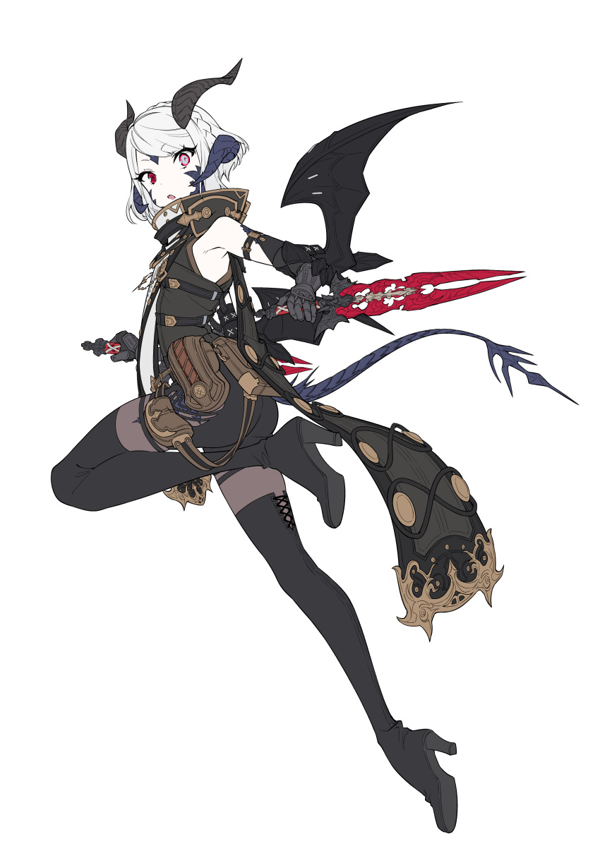 1girl absurdres ass au_ra black_footwear boots dagger dragon_horns dragon_tail dragon_wings dual_wielding final_fantasy final_fantasy_xiv heterochromia high_heel_boots high_heels highres holding holding_dagger holding_weapon horns looking_at_viewer multiple_horns parted_lips red_eyes reverse_grip short_hair solo tail thigh_boots thighhighs vest weapon westxost_(68monkey) white_hair wide-eyed wings