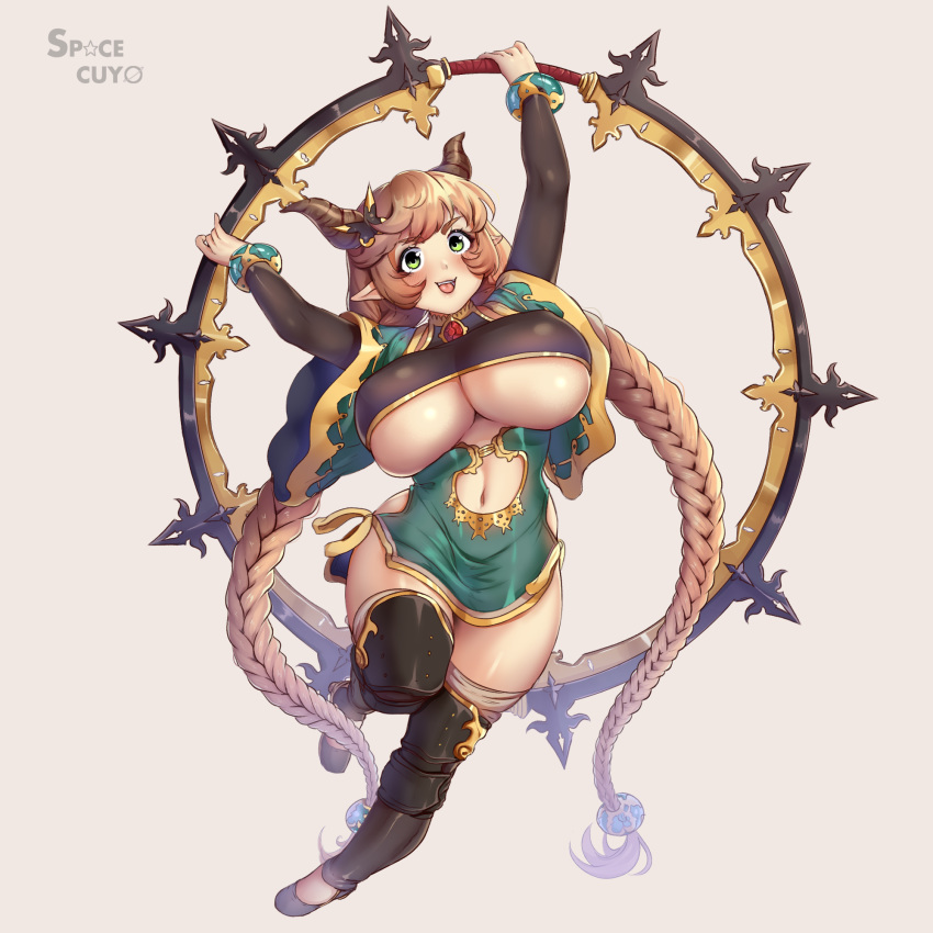 1girl artist_name blush bracelet braid breasts carmelina_(granblue_fantasy) chakram draph dress granblue_fantasy green_eyes highres holding holding_weapon hoop horns huge_breasts jewelry knee_pads long_hair microdress navel navel_cutout no_socks pointy_ears revealing_clothes short_sleeves short_stack side_slit simple_background smile solo space_cuyo twin_braids underboob underboob_cutout v-shaped_eyebrows very_long_hair weapon white_background wide_hips wide_sleeves