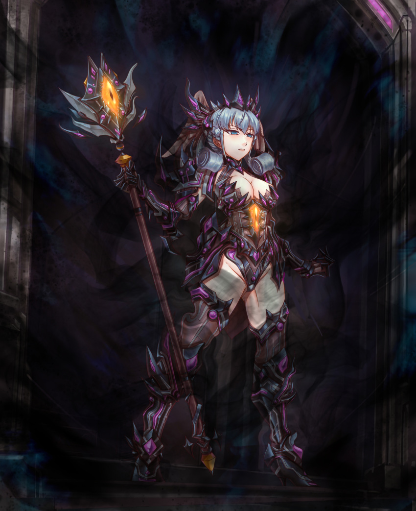 1girl absurdres armor blue_eyes breasts cleavage corruption dark_persona darkness groin head_wings highres holding holding_staff leebigtree leotard medium_breasts melia silver_hair solo staff standing thighhighs xenoblade_(series) xenoblade_1