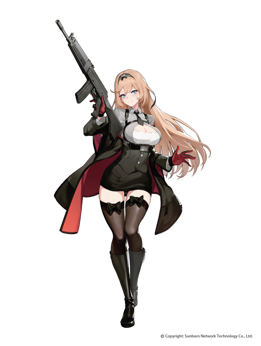 1girl absurdres assault_rifle black_footwear black_legwear blue_eyes boots breasts brown_hair character_request cleavage_cutout closed_mouth corset framed_breasts full_body girls_frontline gloves gun hairband harness head_tilt highres knee_boots large_breasts looking_at_viewer mini_necktie official_art pencil_skirt reisun001 rifle simple_background skirt smile solo standing stg-940_(girls_frontline) thighhighs trigger_discipline underbust weapon white_background zettai_ryouiki
